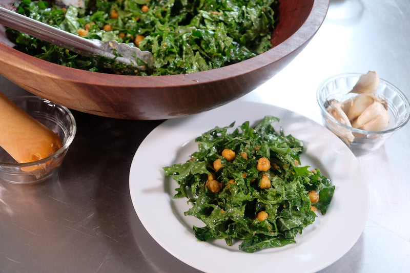 Kale Caesar Salad with Fried Chickpeas